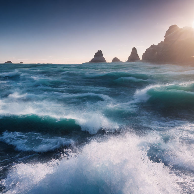 Seascape with Churning Blue Waves and Rock Formations at Sunset