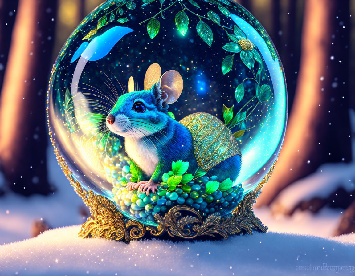 Chipmunk illustration in orb with leaves, butterfly, and snow base