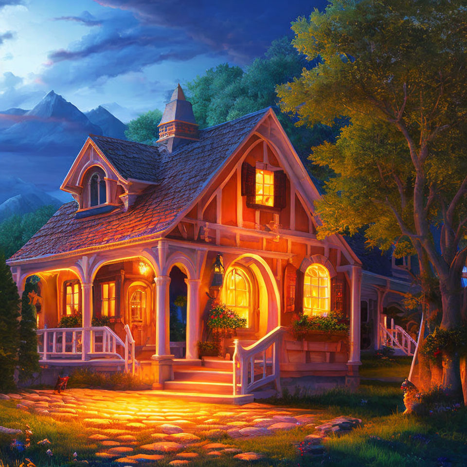 Twilight cottage nestled in nature with warm lights and mountain view