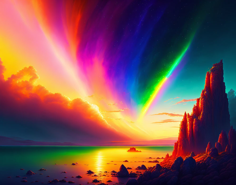 Colorful Aurora Over Serene Seascape at Night