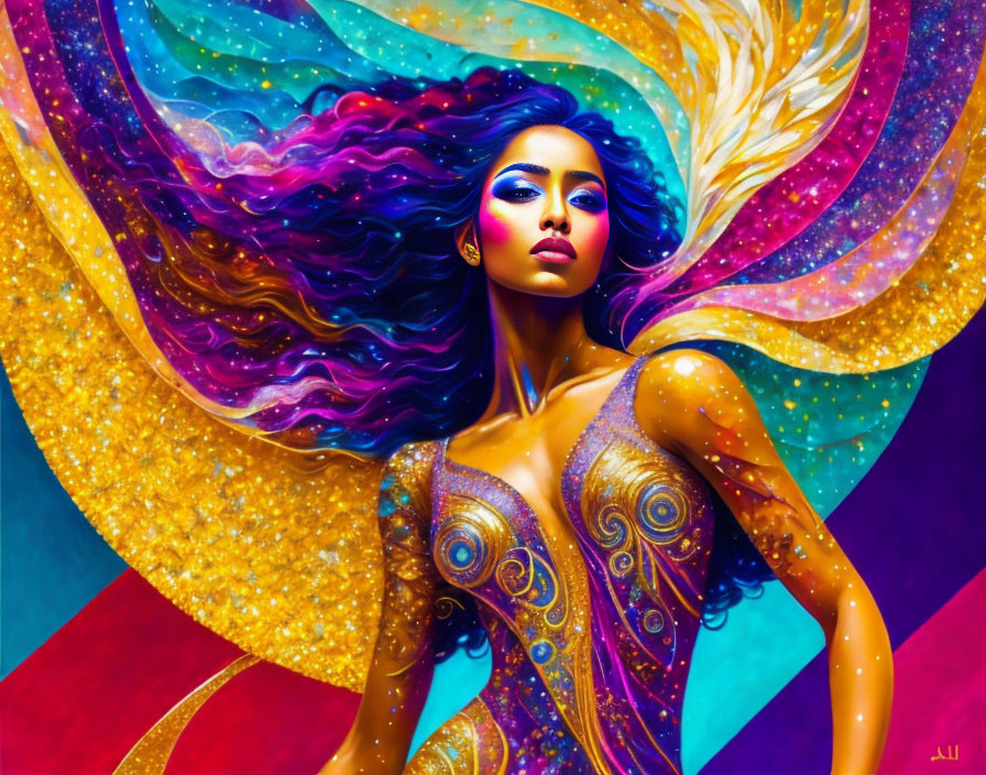 Colorful portrait of woman with cosmic hair and golden dress