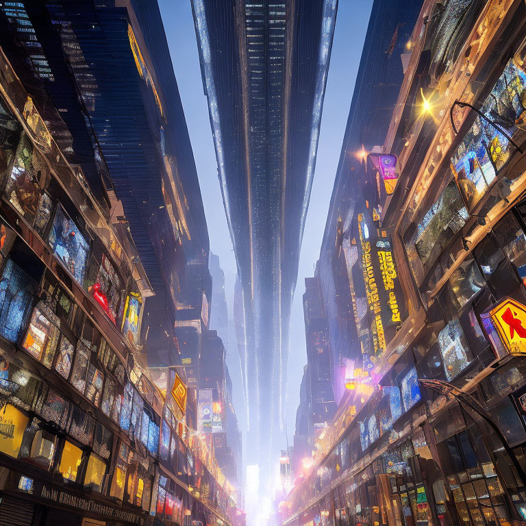 Cityscape with towering buildings and neon signs against twilight sky