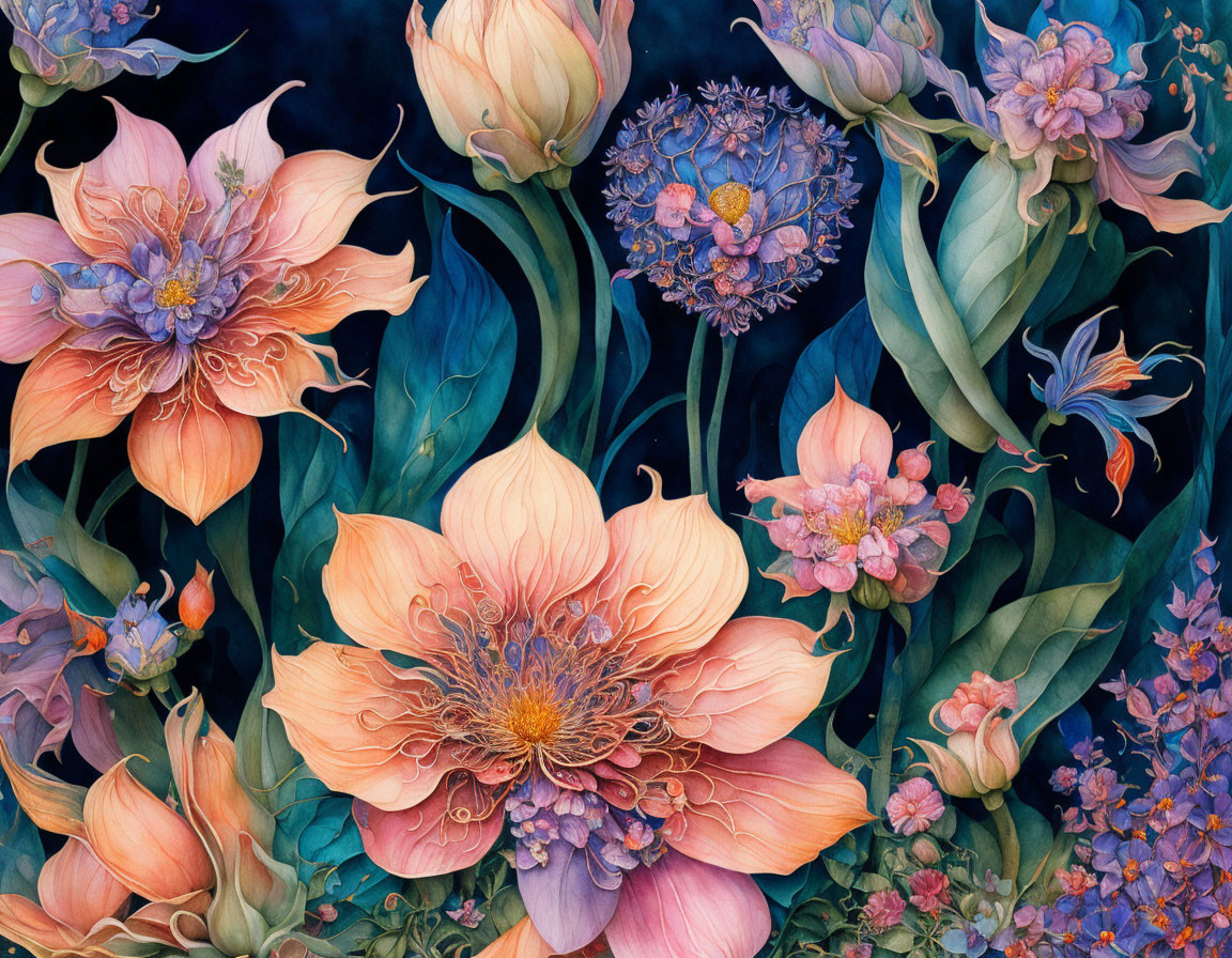 Detailed Pink and Orange Blooming Flowers on Dark Blue Background