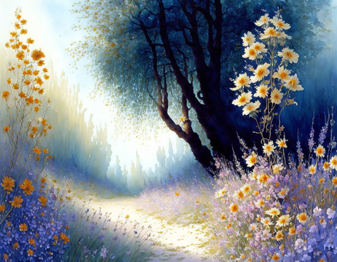 Sunlit Path Through Flower-Filled Forest with Yellow and Purple Blooms