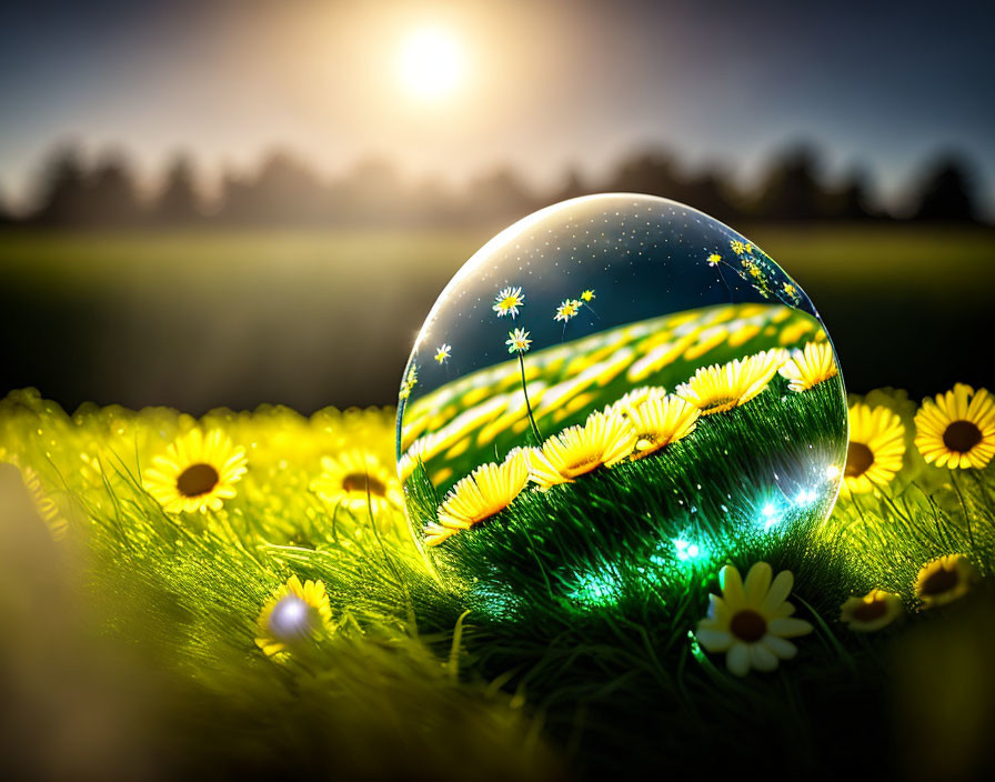 Crystal ball reflecting field of daisies and sky with sun flare