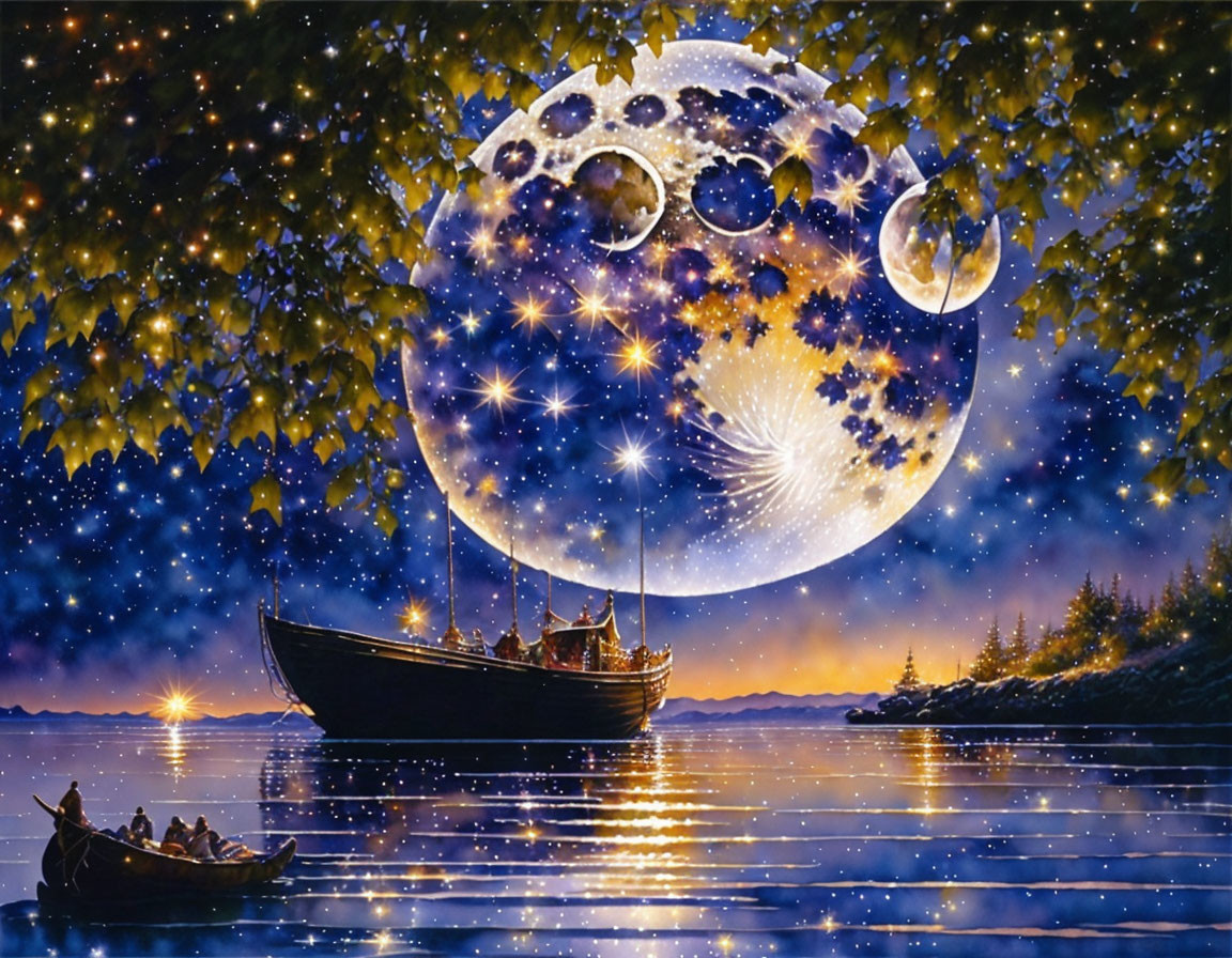 Detailed Fantasy Art: Moon, Night Sea, Boats, Starry Sky, Leafy Branches