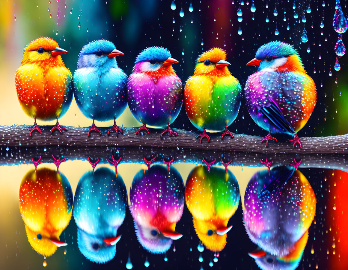 Vibrant birds perched on branch with rainbow feathers, reflected in water.