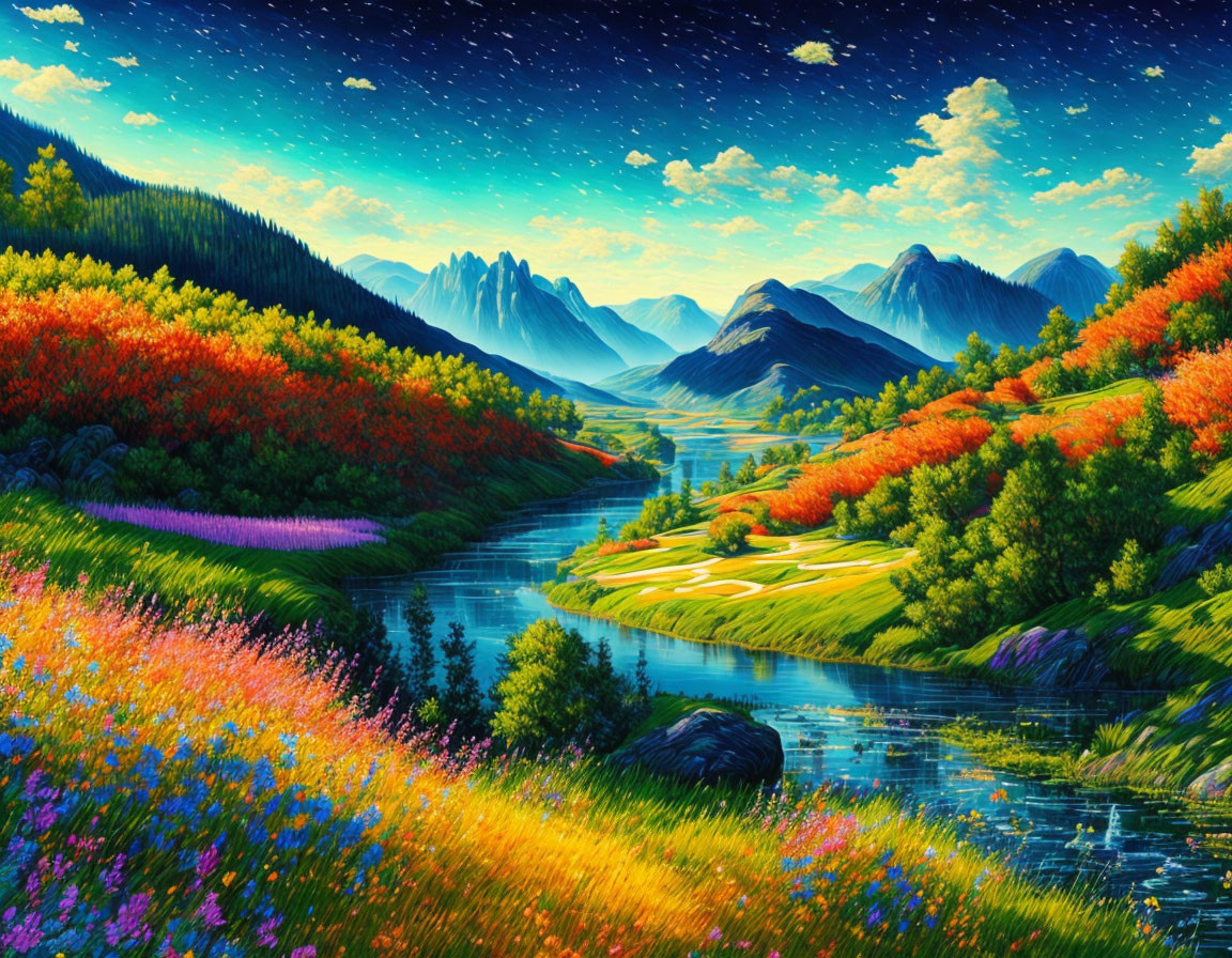 Colorful Landscape with River, Mountains, Trees, Flowers, and Starry Sky