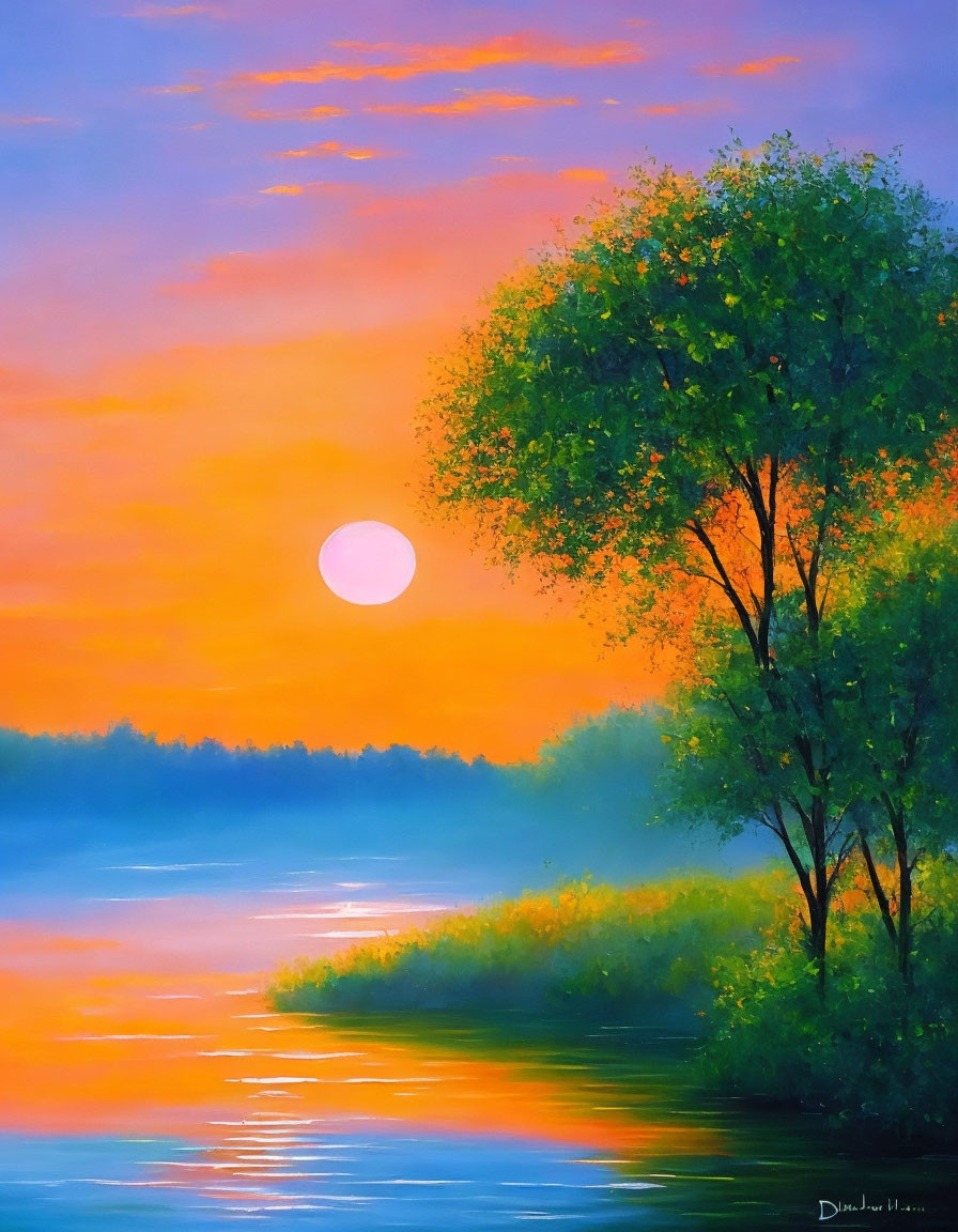 Tranquil sunset painting with radiant sun, calm lake, and lush tree.