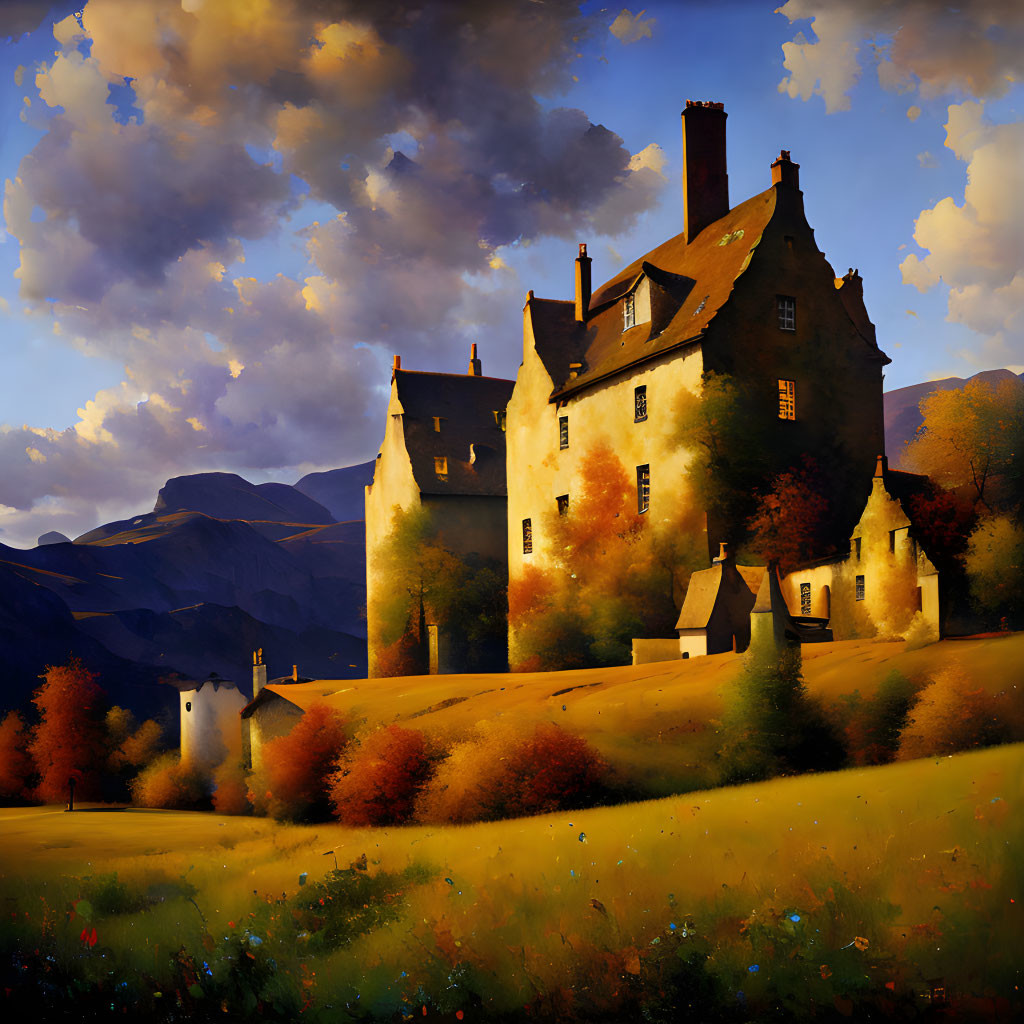 Stone castle painting in golden fields with mountains and warm sky