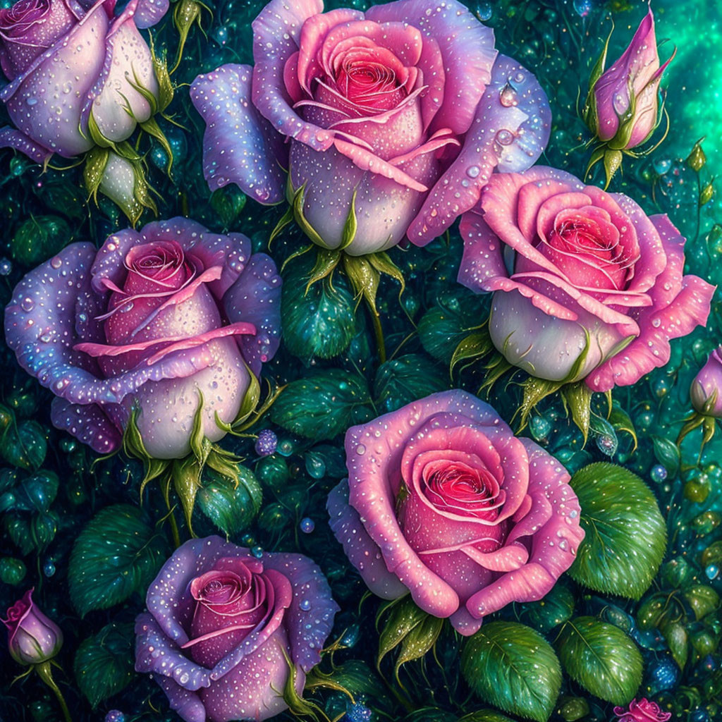 Vibrant pink roses with dew drops on green and teal background