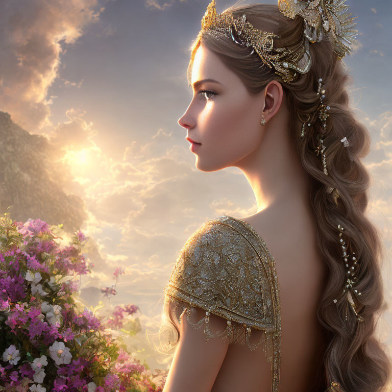 Profile view of woman with gold crown, braided hair, golden dress, sunlight, and flowers.