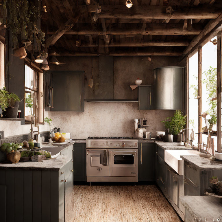 Rustic kitchen with grey cabinets, wood beams, greenery, vintage appliances