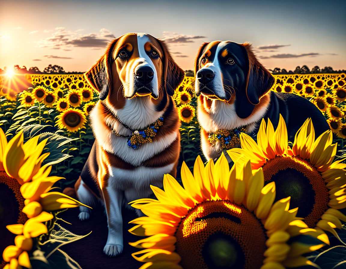 Two dogs in sunflower field at sunset with warm sunlight glow