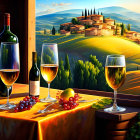 Vibrant painting of table with wine glasses, grapes, and bottle in Tuscan sunset landscape