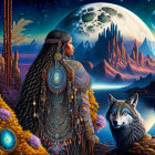 Colorful painting of woman in Native American headdress with wolf, mountains, full moon, and glowing