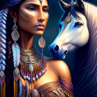 Digital artwork of woman in indigenous attire with white horse