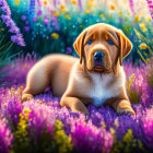 Brown Puppy with Blue Collar in Vibrant Flower Field