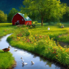 Red Barn, Ducks, Geese, and Wildflowers in Rural Landscape