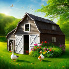 Rustic wooden barn with ducks in lush green setting