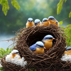 Colorful chicks with blue heads and yellow bodies in twig nest surrounded by green foliage