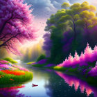 Tranquil river with blooming trees and boat in purple landscape