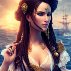 Female pirate digital artwork with tricorn hat, jewelry, and ship at sunset