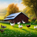 Scenic rural landscape with red barn, white fence, ducks, geese, and lush greenery