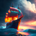 Majestic ship with red sails on high waves under dramatic sunset sky