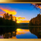 Tranquil Lake at Sunset with Silhouetted Pine Trees