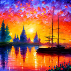 Vibrant sailboat painting at dusk with colorful reflections and vivid sky.