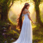 Fantasy artwork: Woman in white dress with wavy hair in sunlit forest.