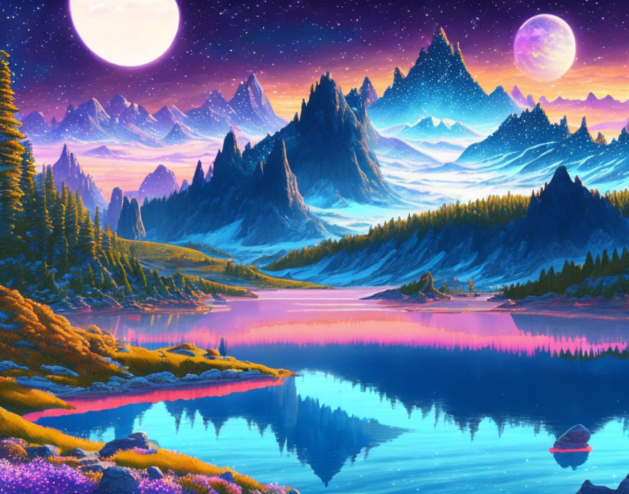 Moonlit Dusk Landscape: Snowy Mountains, Tranquil Lake & Lush Flora