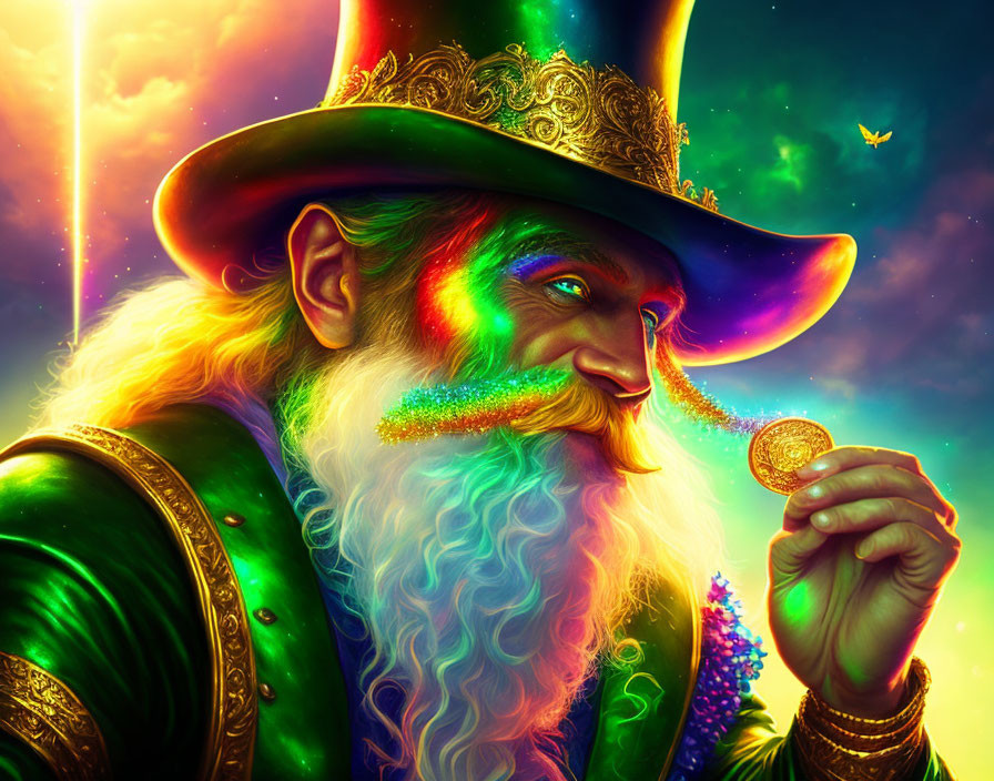 Colorful Leprechaun Portrait with Rainbow Beard and Gold Coin