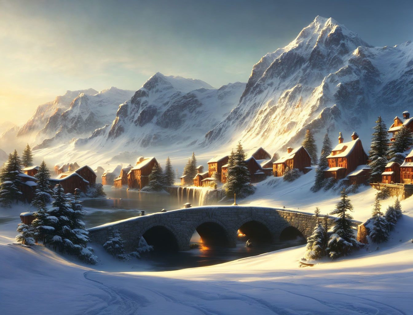 Snowy village with cozy houses, frozen river, stone bridge, sunlit mountains