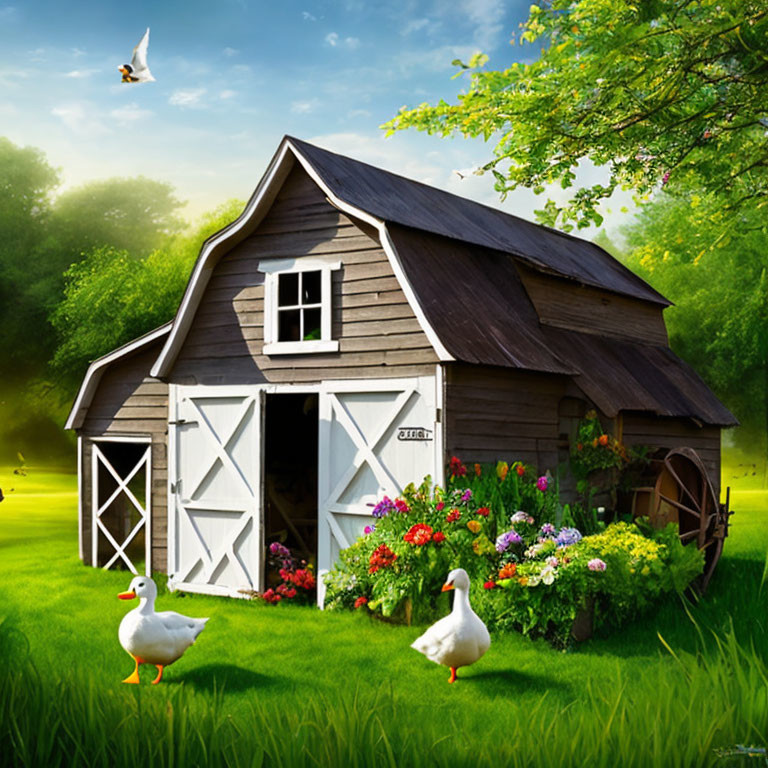 Rustic wooden barn with ducks in lush green setting