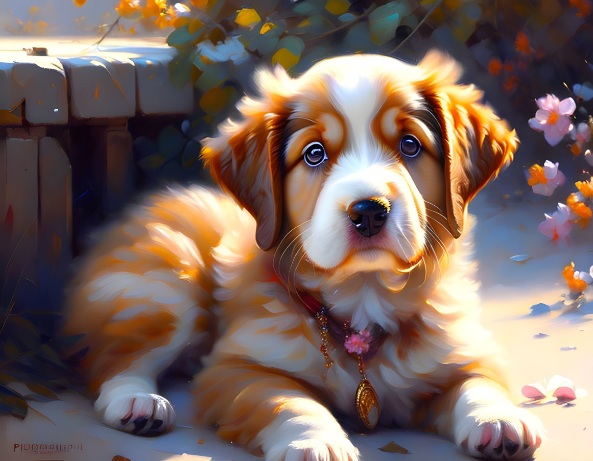 Brown and White Fluffy Puppy with Pendant Surrounded by Flowers in Sunlight