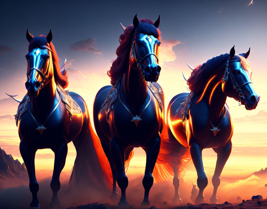 Three majestic horses with glowing blue bridles against dramatic sunset sky