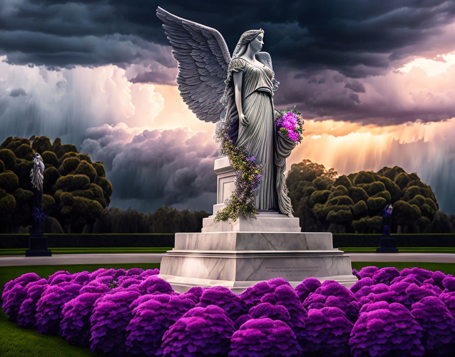 Angel statue with outstretched wings in purple flower field under stormy sky