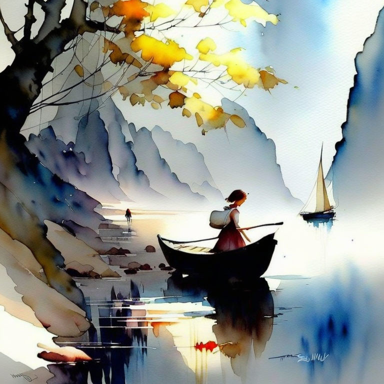 Watercolor painting of person in boat under autumn tree with reflective water