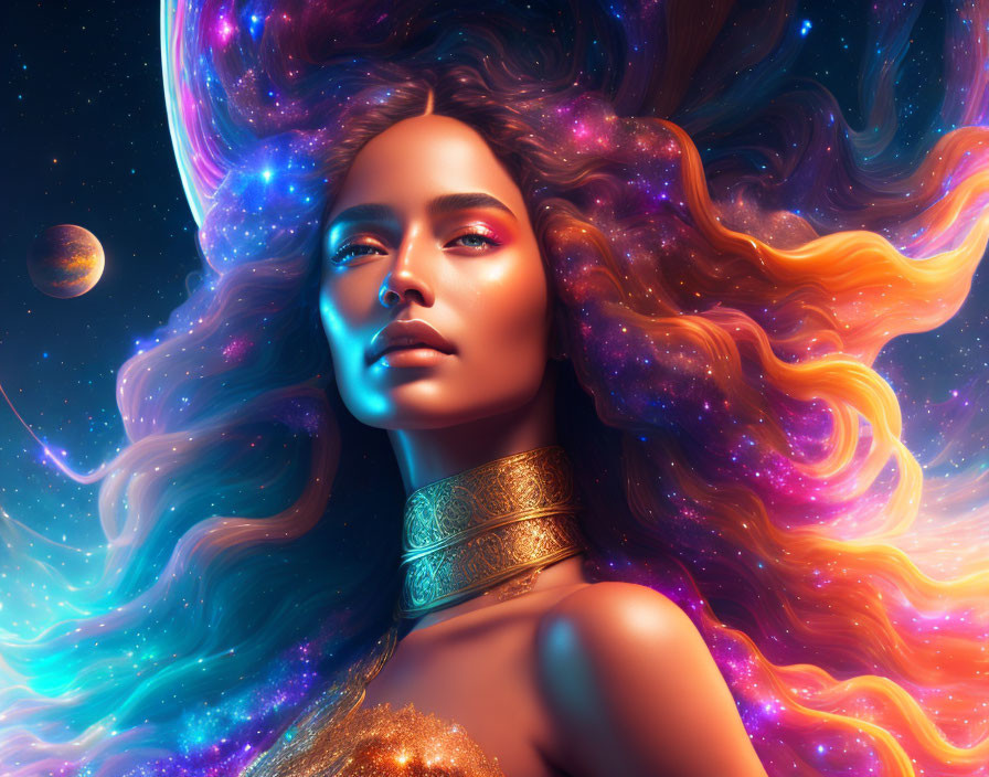 Colorful cosmic portrait of woman with nebula-like hair and starry backdrop