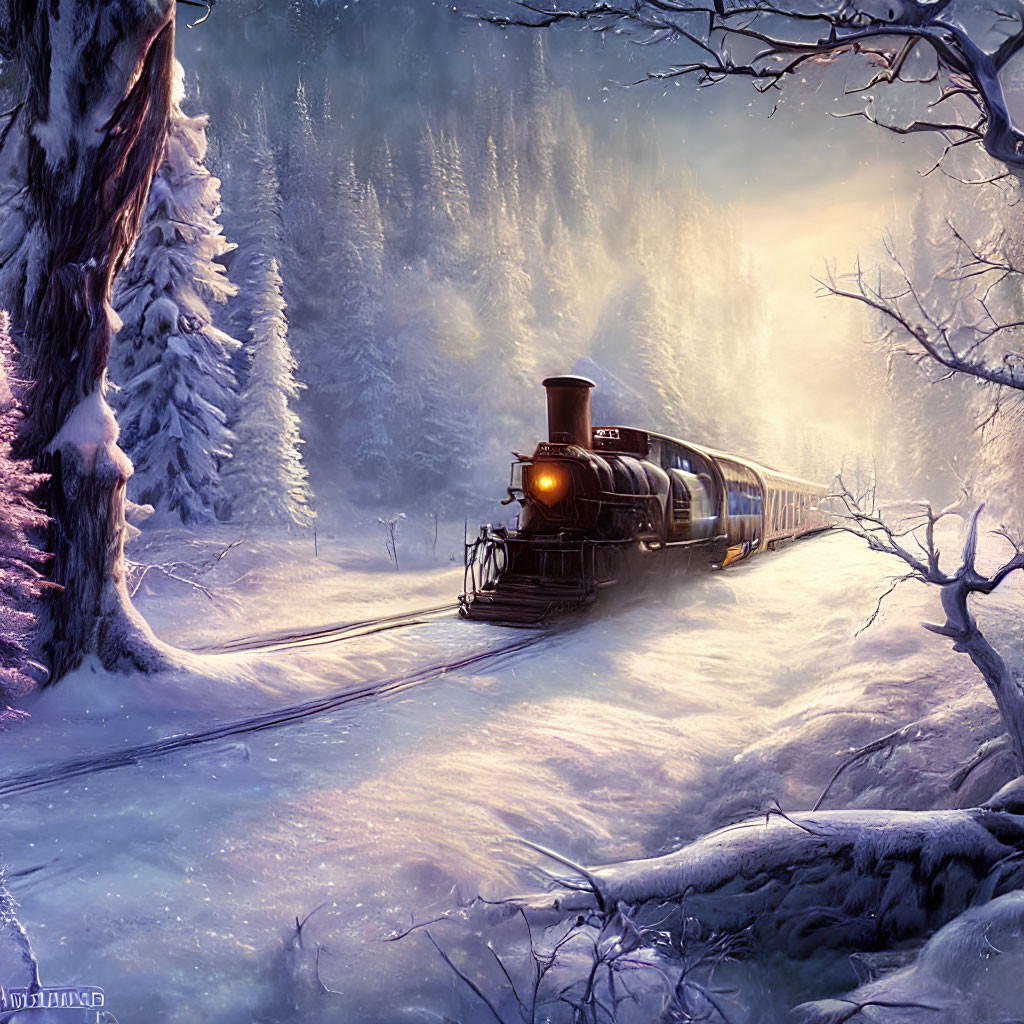 Vintage Train Chugging Through Snowy Twilight Forest