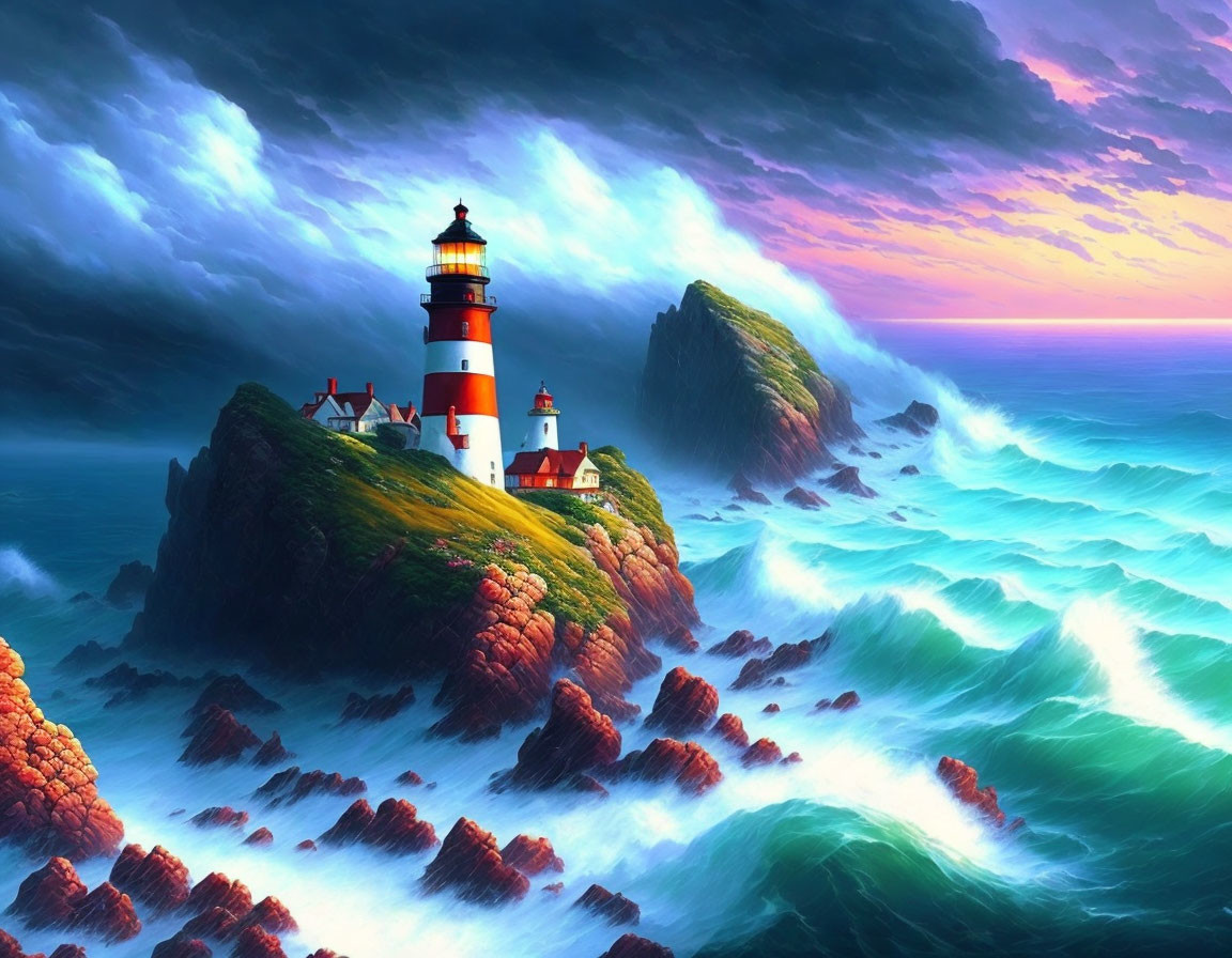 Colorful painting of red and white lighthouse on rocky island in stormy sea with purple sky