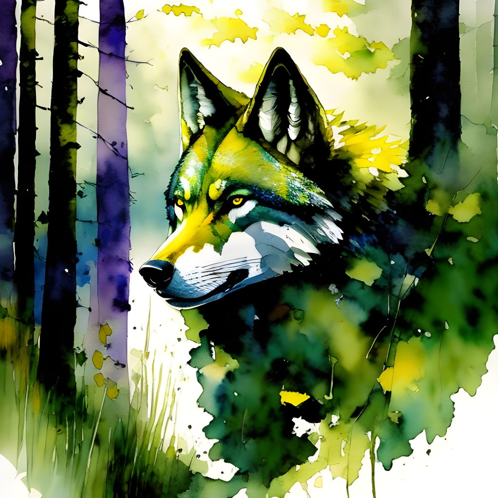 Colorful Watercolor Painting of Wolf Face in Abstract Forest