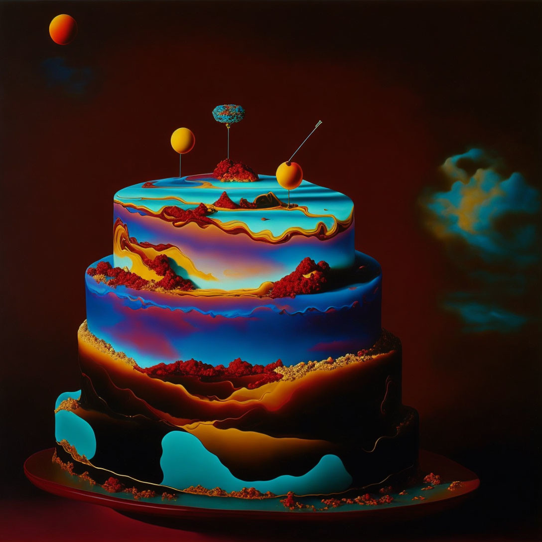 Surreal multi-tiered cake with landscape design: blue lakes, orange mountains, small planet with