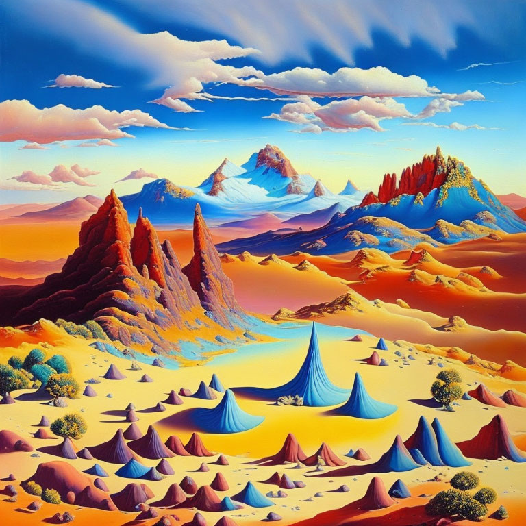 Colorful surreal landscape with red rock formations, blue dunes, green foliage, and snow-capped