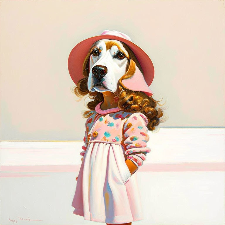 Whimsical painting of a dog in human-like attire on soft pink background