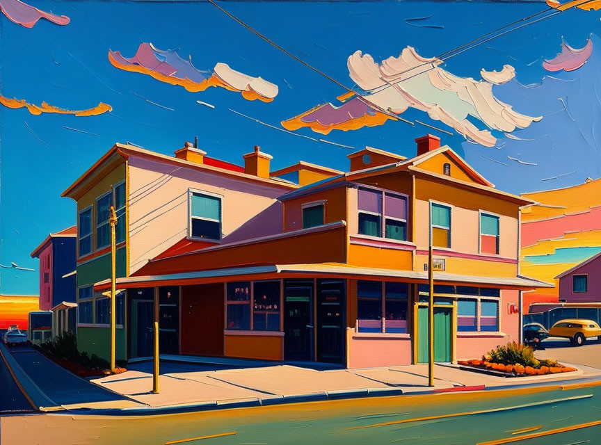 Vibrant suburban street scene painting at sunset