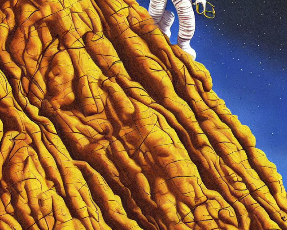 Astronaut in white spacesuit above orange mountainous surface