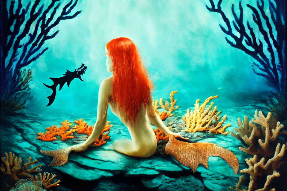 Red-Haired Mermaid Sitting on Underwater Rock with Coral and Fish